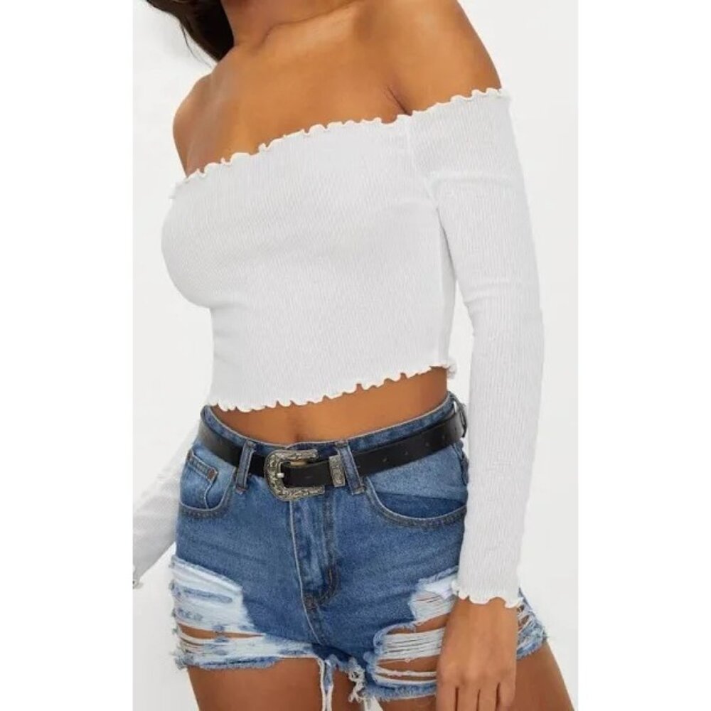 Pretty Little Thing White Long Sleeve Off Shoulder Ribbed Lettuce Hem Crop Top - Picture 5 of 10
